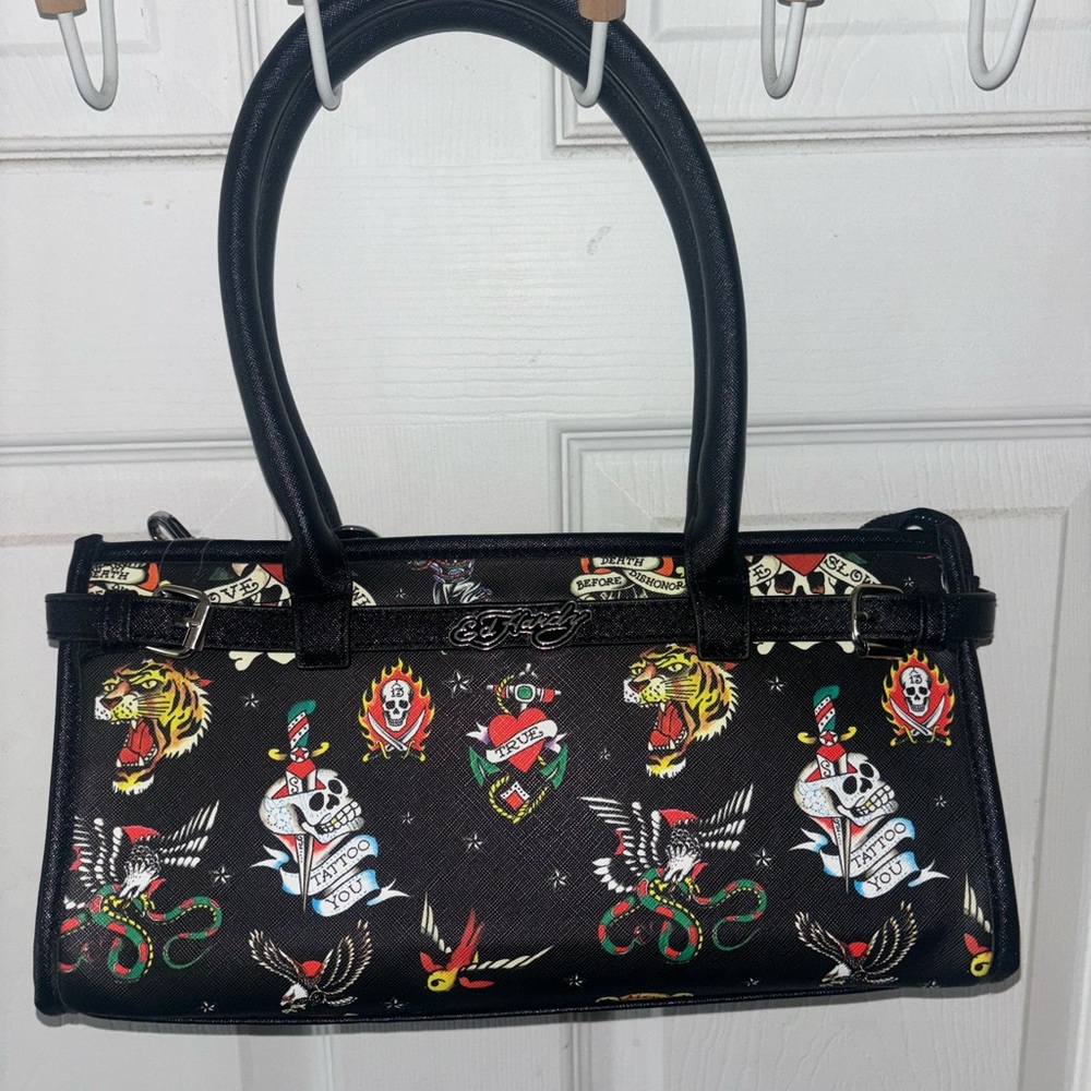 Ed Hardy Black Shoulder Bag with Tattoo Graphics